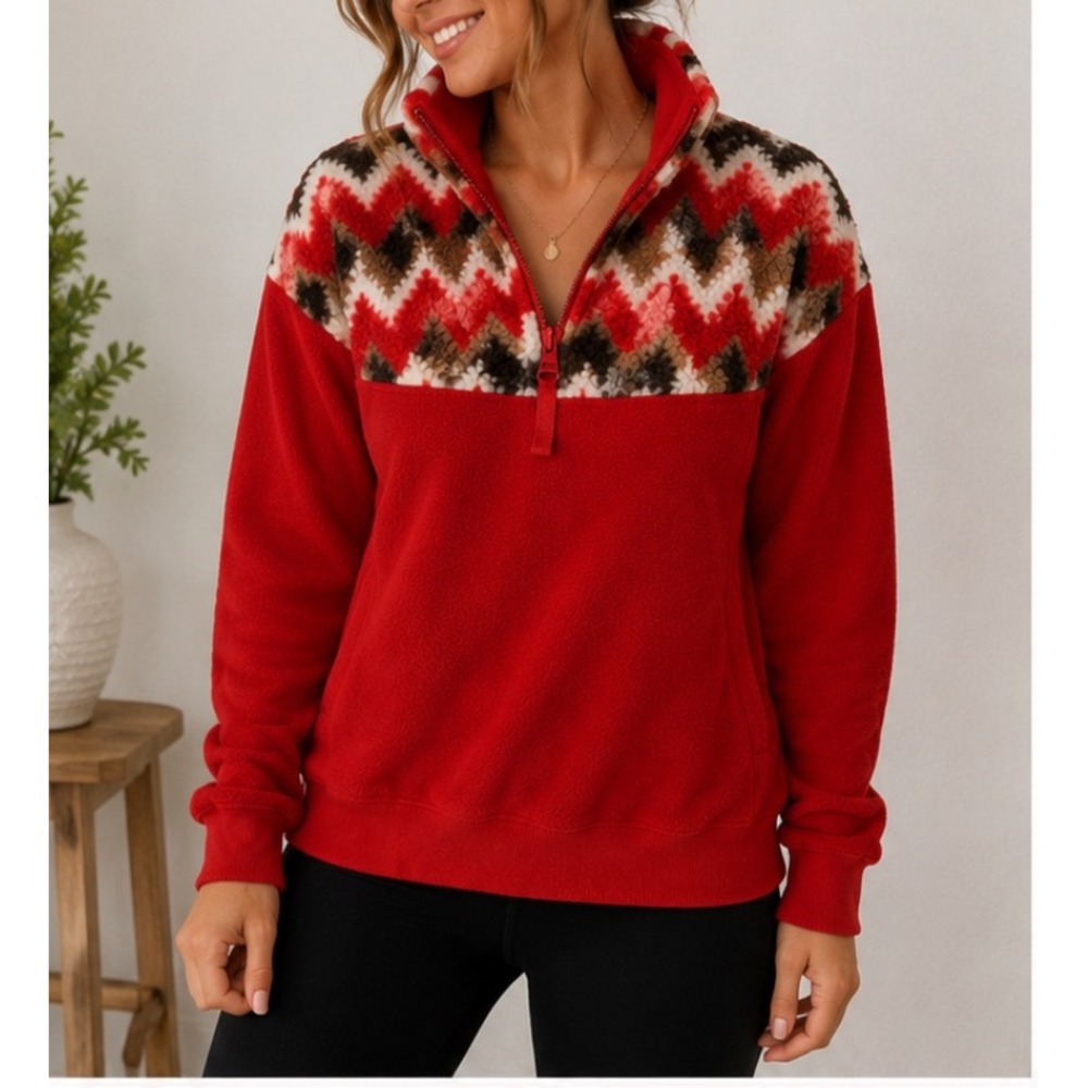 Aerie Womens Red Sherpa Chevron Quarter Zip Fleece Pullover Sweatshirt XS